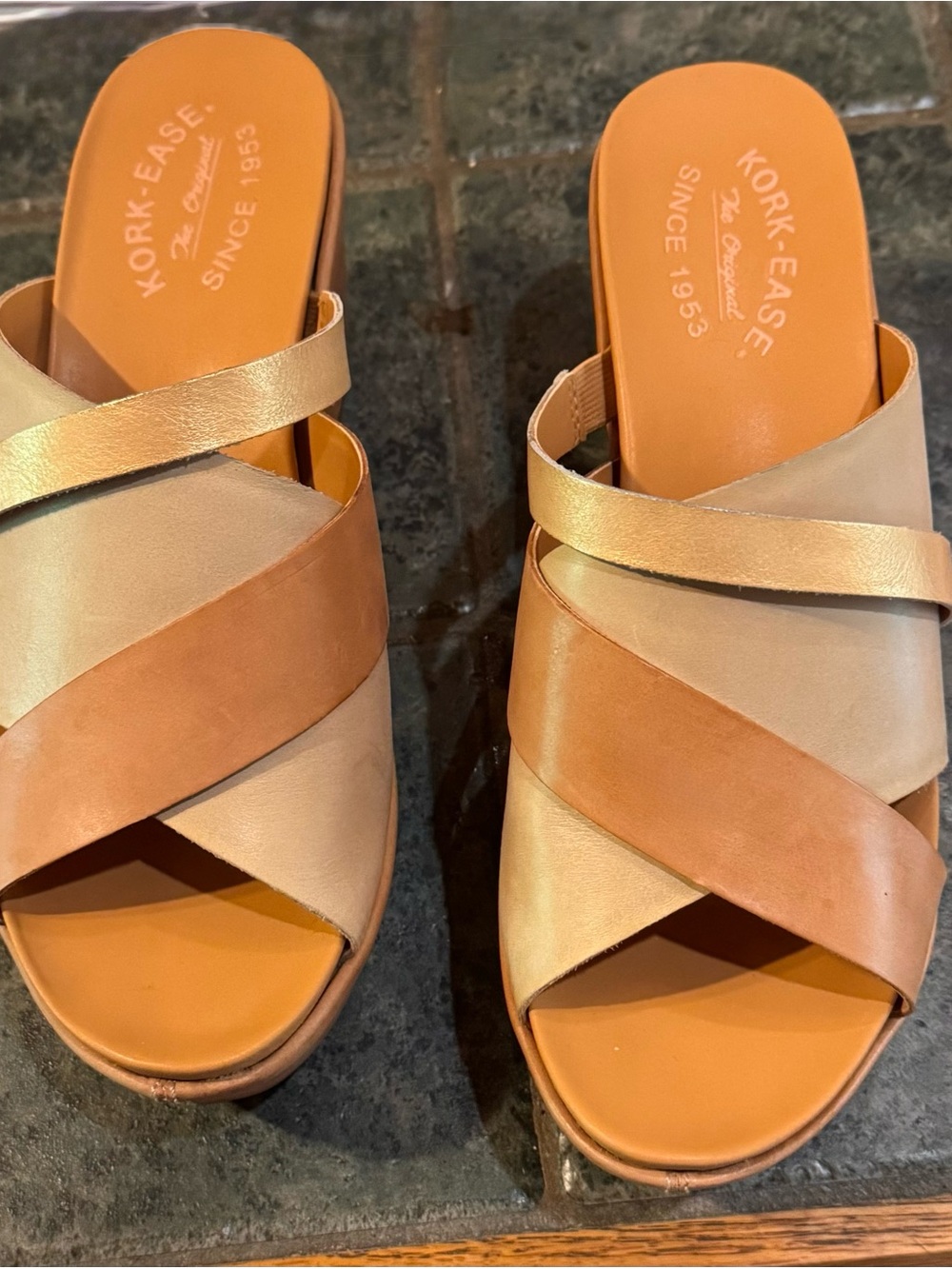 KorkEase Size 9 Metallic, two toned Italian leather slide. Barley worn!